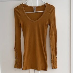 Free People Women's Mustard Long Sleeve Top with Lace Cuffs
